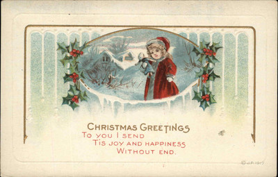 Christmas Child Girl Doll Holly Gilt Embossed c1900s-20s Postcard