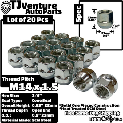 20-Pack Black M14x1.5 Open End Lug Nuts – 3/4" Hex, 60° Cone Seat – Fit Tesla Model 3/X/Y/S