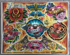 Tattoo Studio Shop Flash Single Heart Names W/ Flowers Inphamus 11" X 14" Print