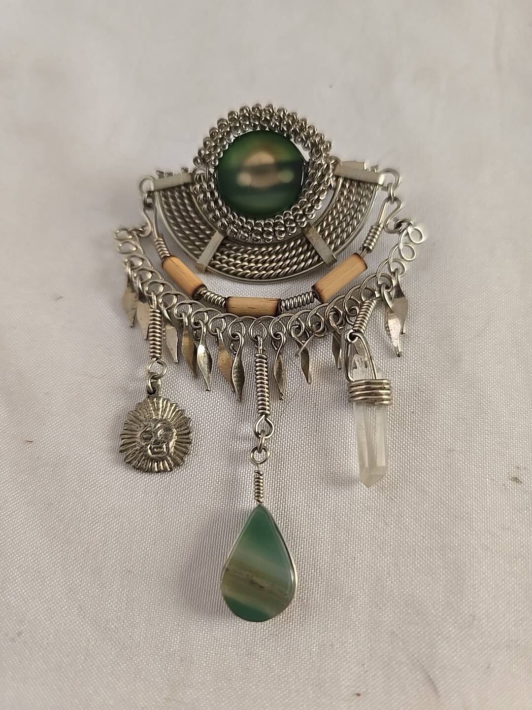 Peruvian Agate Alpaca Silver Wire Work Brooch Pin - image 1