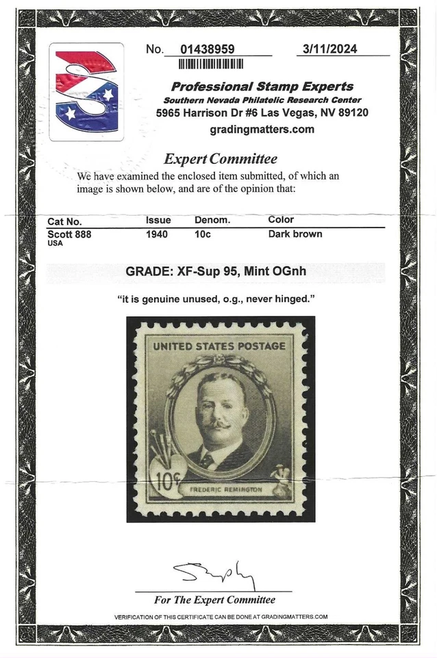 US STAMP #888 - 10c REMINGTON - XF-SUPERB - MINT - GRADED 95 - Image 2 of 2