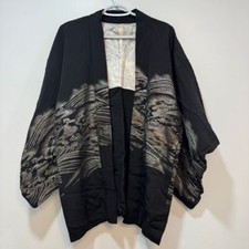 Haori Jacket Vintage 50s 80s Black Gold Silver Mountain Landscape Silk Kimona