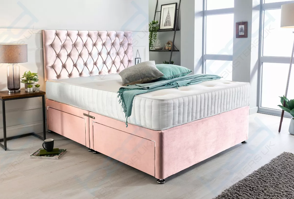 PINK PLUSH VELVET DIVAN BED SET WITH MATTRESS HEADBOARD 4FT6 DOUBLE 5FT KING