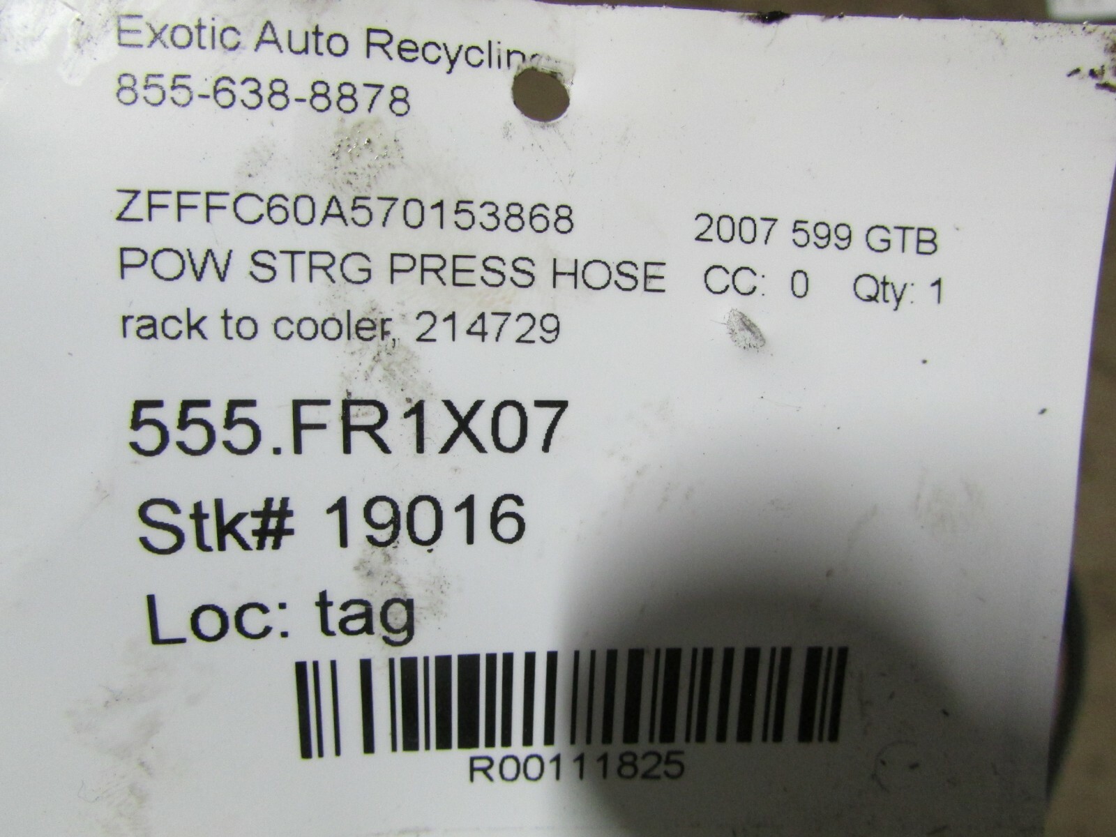 Ferrari 599 GTB, Power Steering Rack to Cooler Hose, Used, P/N 214729