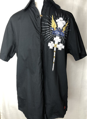 Code 7 Black Shirt Christian Theme Cross Short Sleeves Embellish Men s New Large