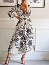 ZARA BLACK OYSTER WHITE PRINTED MIDI MAXI LONG SLEEVE SHIRT DRESS SIZE XS 8 36