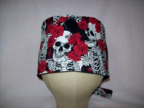 Men/Women Surgical Scrub Cap Lined Skeleton's and Red Roses & Crows 100% Cotton - Picture 3 of 4