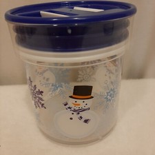 Vintage Plastic Christmas Canister Thick Plastic Blue Plastic Lid Snowmen