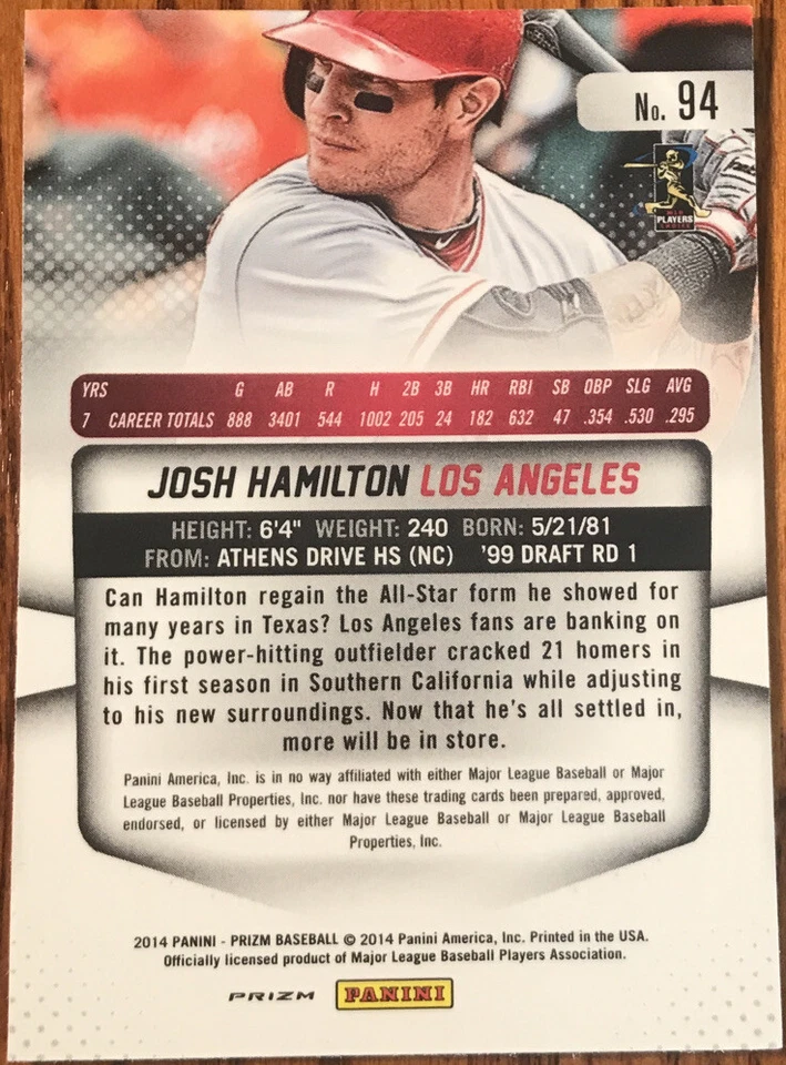 Pulsar Panini Prizm Prizms 2014 rojo blanco y azul Josh Hamilton #94 Foto 2 de 2