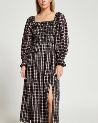 RIVER ISLAND Womens petite pink checked frill midi dress side
