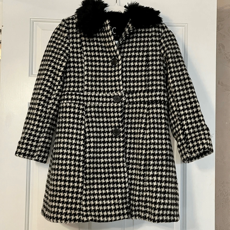 KC Collections Junior’s Large Houndstooth Black White Peacoat Faux Fur Collar - Image 2 of 4