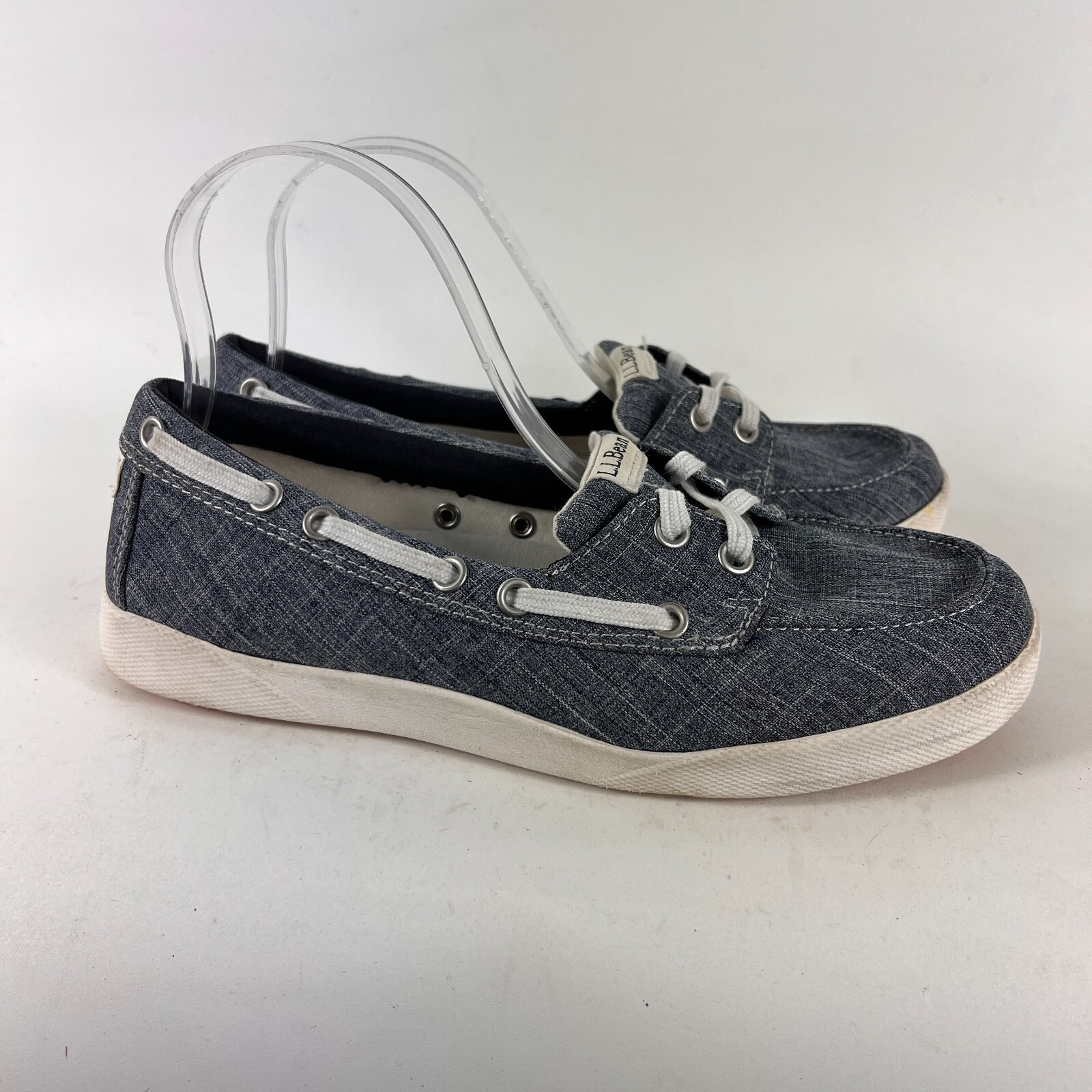 SAOLA Llbean scarpe barca donna taglia 8 5 W grigio blu tela erica suola bianca slip on