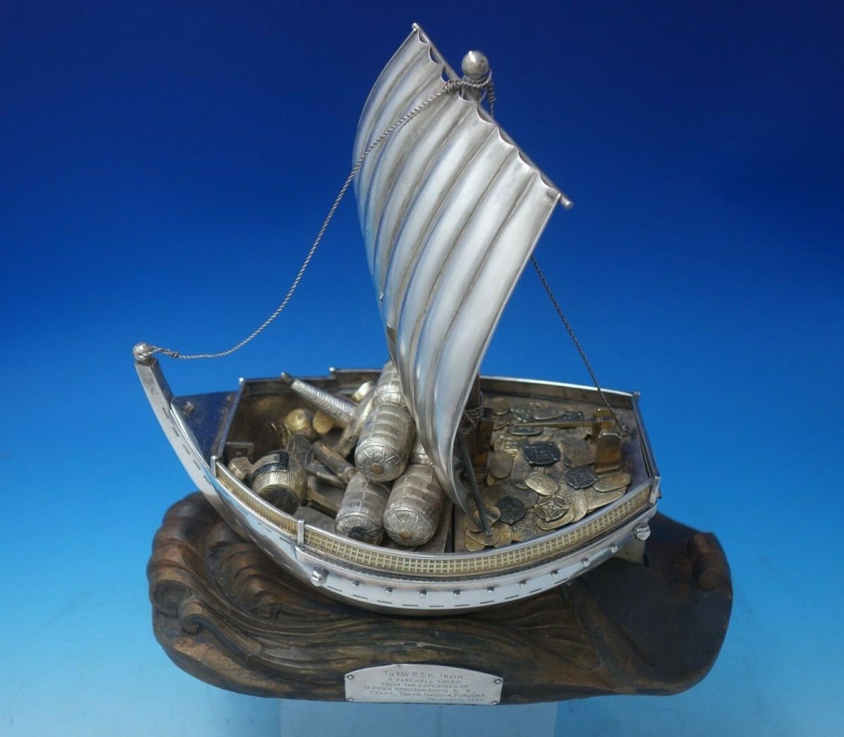Japanese .950 Silver Sculpture Ship w/ Sail Faux Gold Barrels Wood