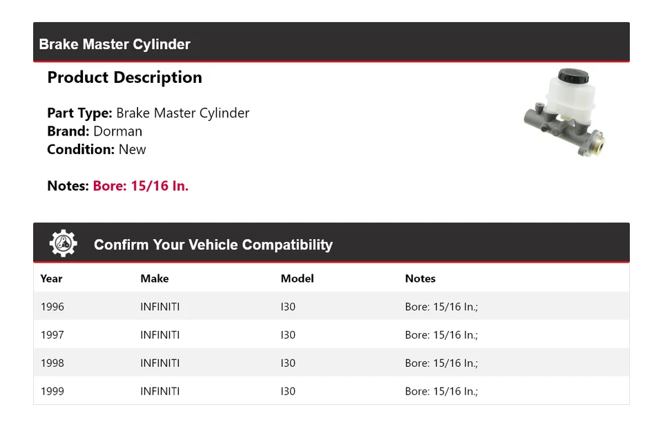 Cilindro maestro de freno Dorman Infiniti I30 1996-1999 1997 1998 Foto 2 de 4