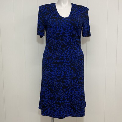 St John Dress Womens 14 Blue Black Floral Knit Fit & Flare Short Sleeve V Neck