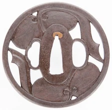 Antique Japanese Iron Echizen Kinai Tsuba Hollyhock Aoi Leaves Sword Guard Japan