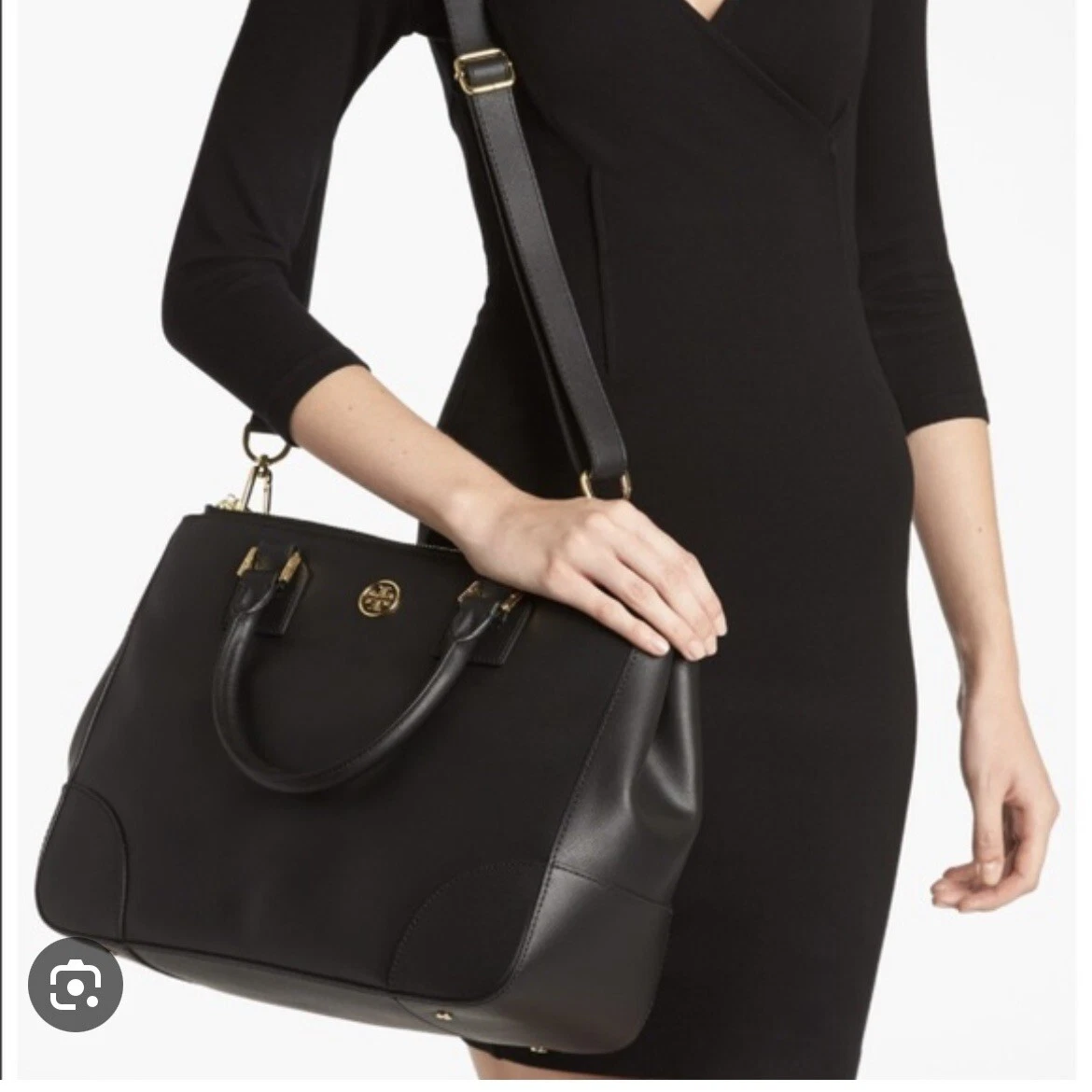 Tory Burch Robinson Double Zip Saffiano Tote Bag Black with Gold
