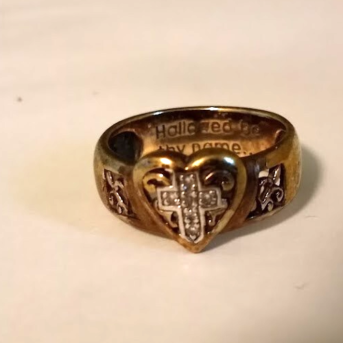 Vintage The Lords Prayer 925 Sterling Silver ring size 6 Heart & Cross