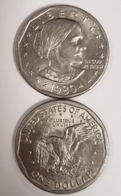 20780P40602 PAIR OF U.S. MINT SUSAN B. ANTHONY $1 SECOND YEAR 1980-P COINS XF+!!