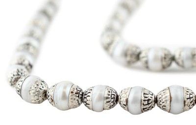 Pearl Nepali Silver Capped Beads 8mm White Oval 20 Inch Strand