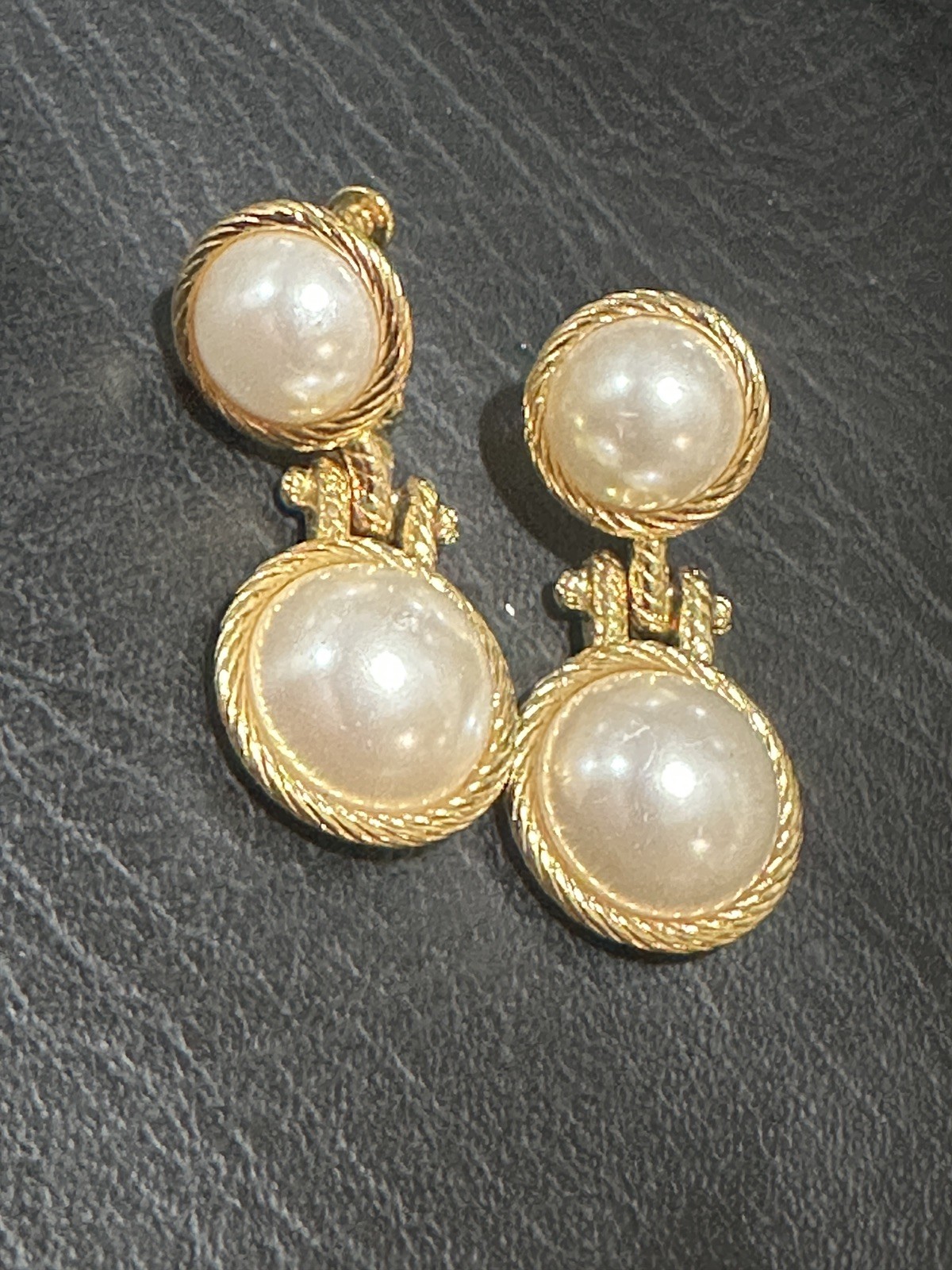 Vintage Gold Tone Double Imation Pearl  Cabochon Drop Clip On Screwback Earrings