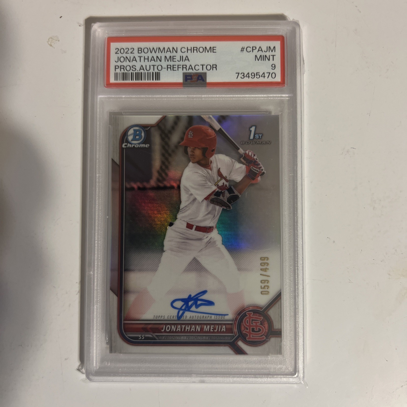 2022 Bowman Chrome JONATHAN MEJIA Cardinals Refractor 1st Auto SP 499 Mint PSA 9