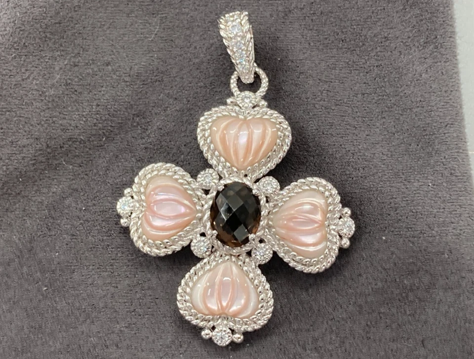 Judith Ripka Pink MOP Smoky Quartz CZ Stones Heart Maltese Cross Charm Pendant - Image 2 of 4
