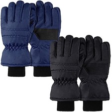 2 Pairs Kids Ski Gloves Waterproof Winter 5 - 10 Years Black and Navy Blue