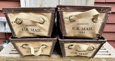 Retro Industrial Style Pottery Barn Leather & Canvas US Mail Storage Bins Set 4