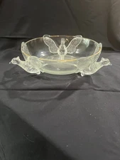 1950s Jeanette Glass Molded Pheasants Centerpiece Clear Glassware Bowl 3-Footed