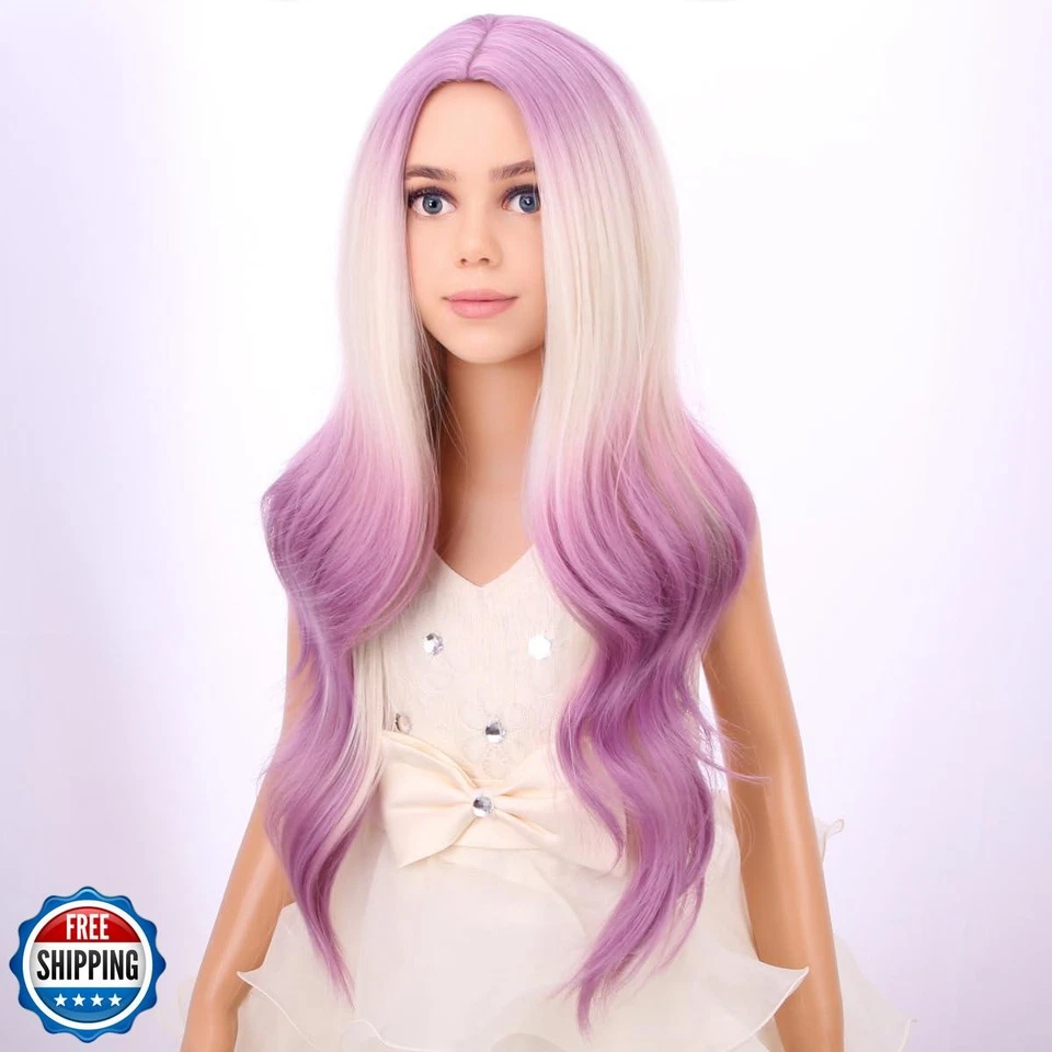 PATTNIUM Blonde Ombre Purple Wig Kids Child Long Curly Wavy Light Purple Wig - Image 3 of 4