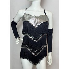 Vintage 80s Art Stone Tap Jazz Dance Costume Silver sequins Fringe Sz Large