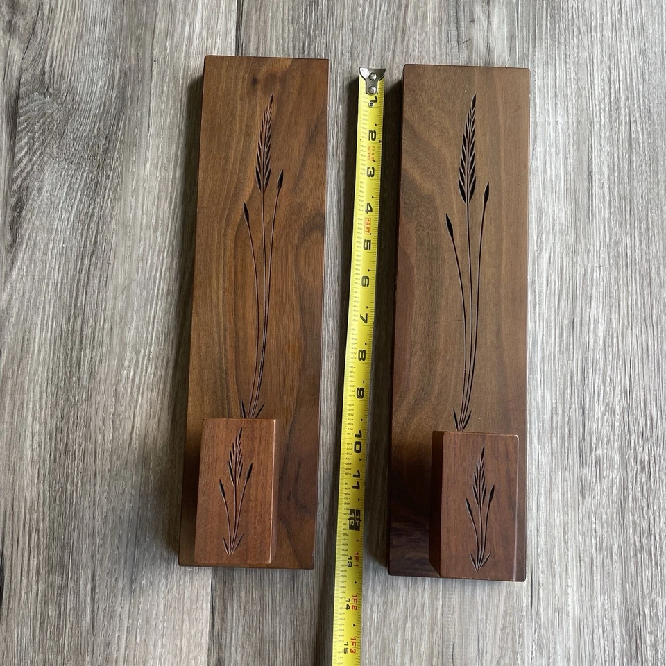 Juego de dos candelabros de madera para colgar en la pared trigo grabado MCM Foto 4 de 4