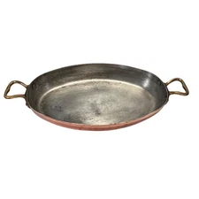 Vintage Waldow Brooklyn NY Tin Lined Au Gratin Pan Brass Handles 15x8 Oval USA