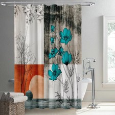 Farmhouse Floral Shower Curtain, Rustic Teal Flower Bath Curtain Waterproof Fabr