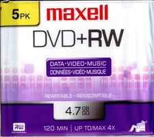Maxell DVD RW 120 Min 4x 4.7 GB 051525M 5 Pack Blank Media new sealed
