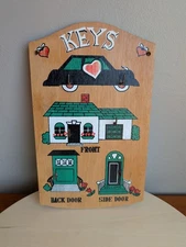 Vintage Wooden Wall Key Holder with Retro Home and Auto Graphics and 6 Hooks