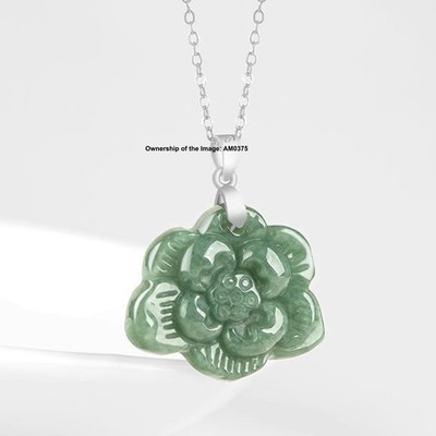 Natural Grade A Jadeite Pendant -Bean Green Jade Lotus Pendant 925 Silver Clasp
