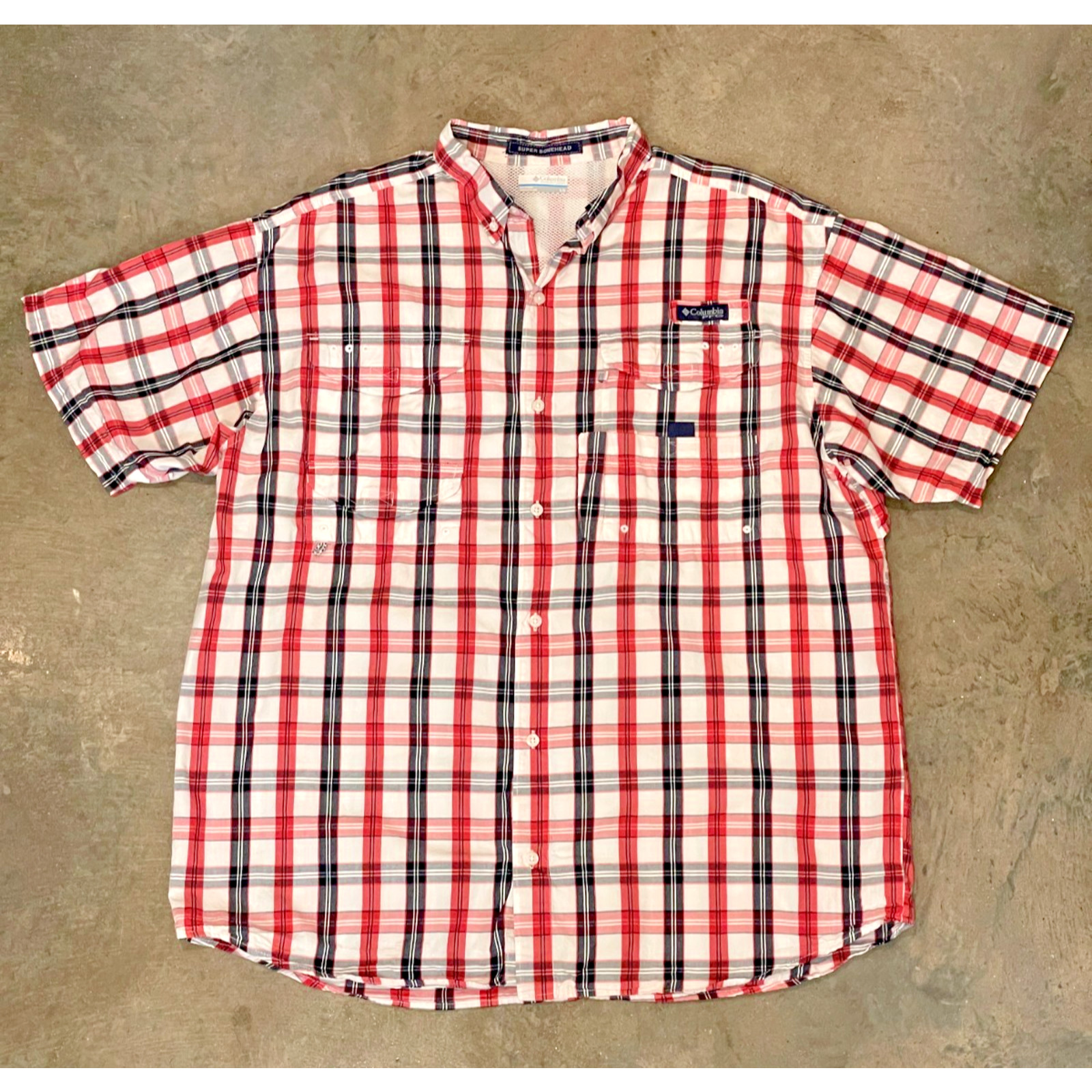 Columbia PFG Super Bonehead Shirt Mens L Red Plaid Vented Fishing Button Up
