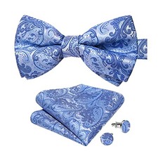 Silk Bow Tie Pre-Tied Bowtie Set for Men In Gift Box Sky Blue Paisley
