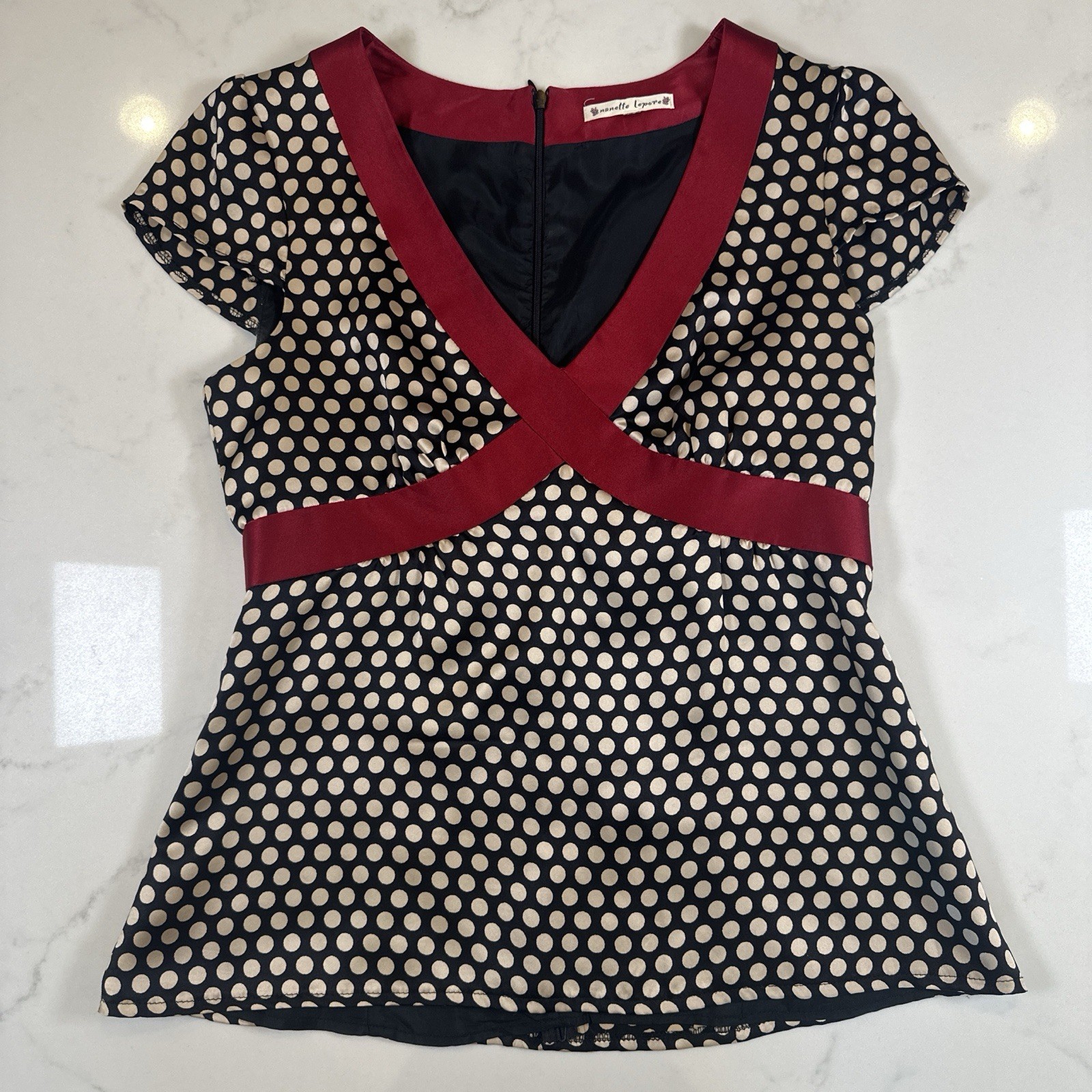 Nanette Lepore Polka Dot Silk Blouse Red Trim Criss Cross V-Neck Size Small