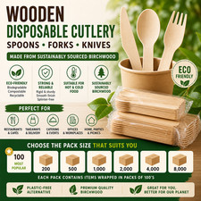 WOODEN DISPOSABLE CUTLERY BIODEGRADABLE FORKS KNIVES SPOONS FULL RANGE BULK Buy