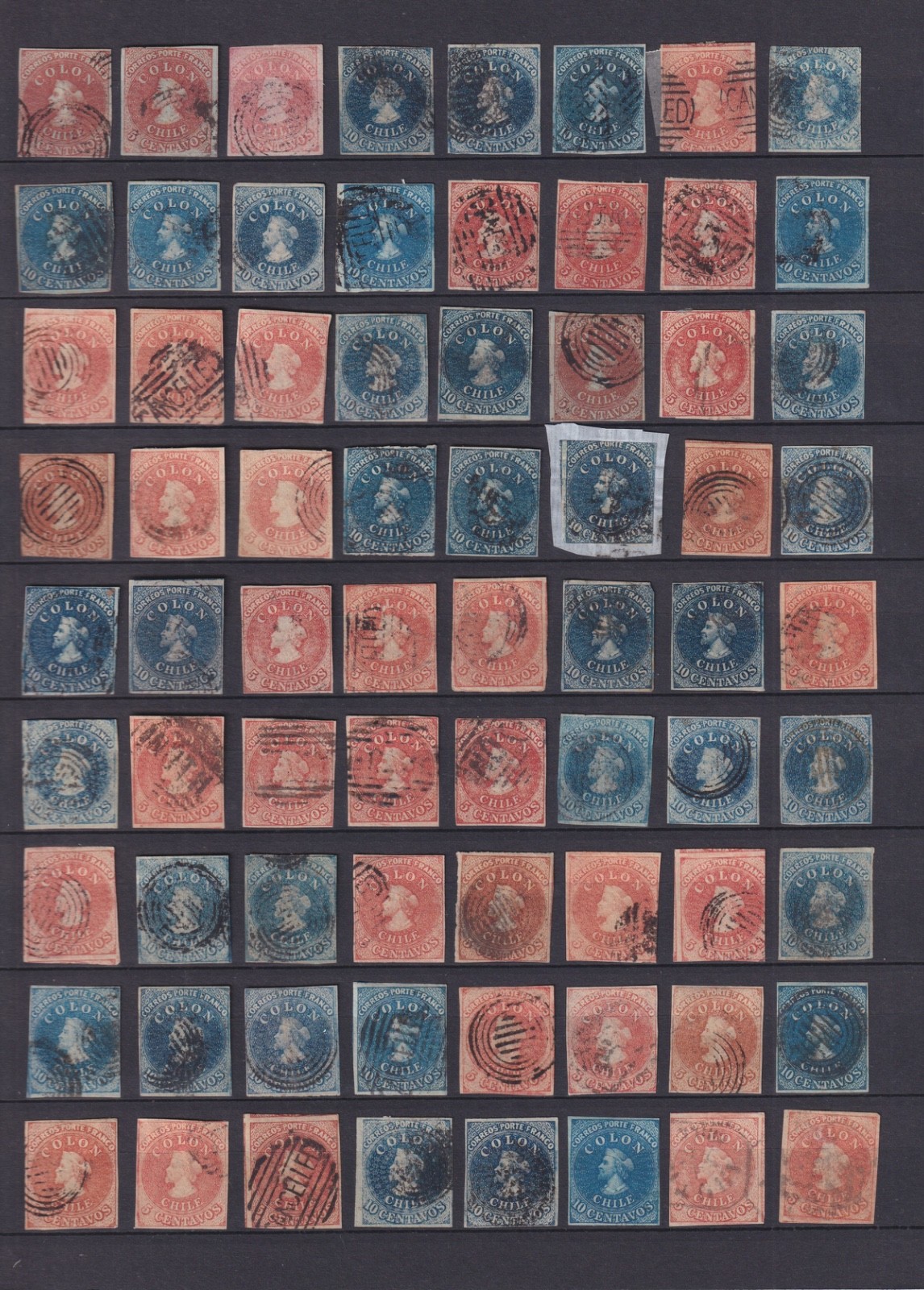 CHILE. 1853/1866. 104 STAMPS. VARIETIES, COLOR SHADES!
