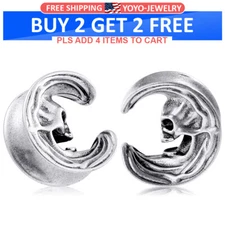 2PCS Surgical Steel Ear Plugs Moon Skull Flesh Tunnels Ear Gauges Spreaders US