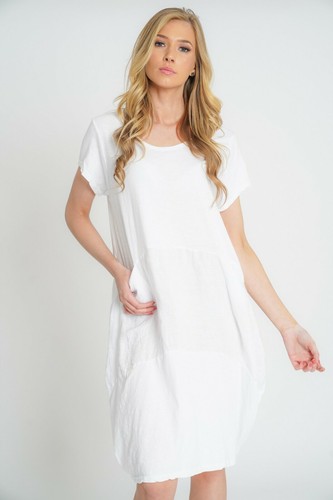 Damen italienisch Lagenlook Leinen Panel Einsatz Schaufel Ausschnitt Baumwolle 2 Taschen Kleid - Bild 44 von 65
