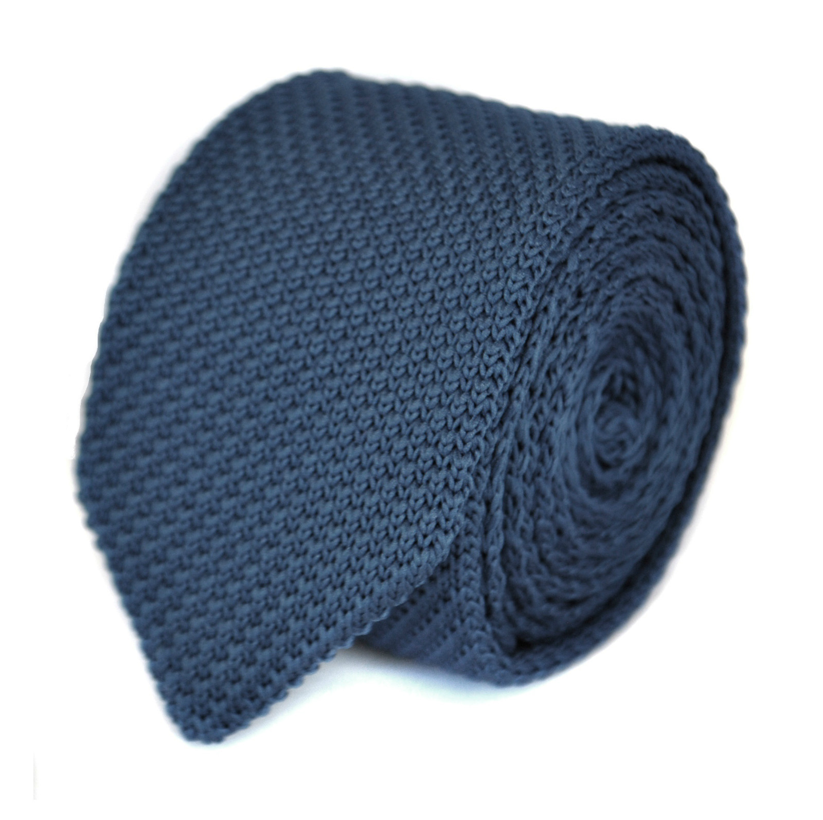 Frederick Thomas Knitted Silk Mens Tie - Dark Navy Blue Plain Skinny Pointed End