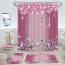 4 Pcs Glitter Diamond Shower Curtain Sets Red Shiny Drips Bath Decor with Rose