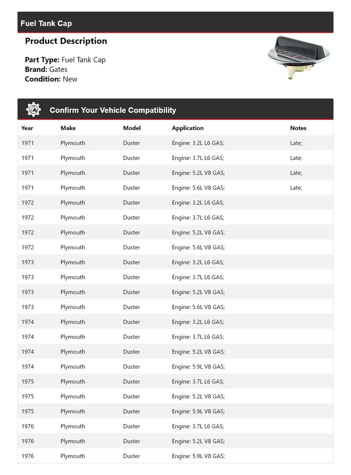 For 1971-1976 Plymouth Duster Fuel Tank Cap Gates 1972 1973 1974 1975 - Image 2 of 4