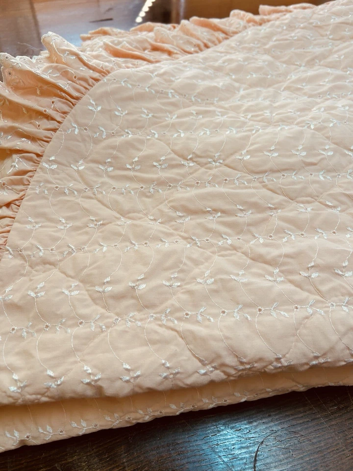 Vintage JC Penney Bedspread Peach With White Eyelet 90” X 106” Plus Large Ruffle - Image 2 of 4