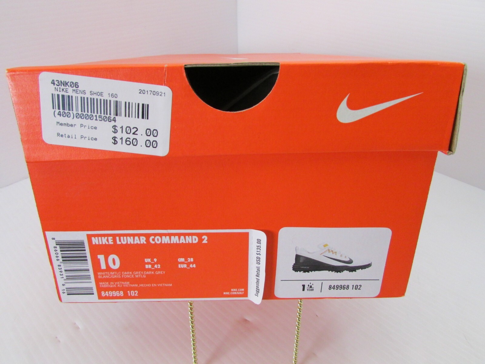 Nike Lunar Command 2 White Dark Grey Golf Shoes Size 10 **NIB** 849968-102
